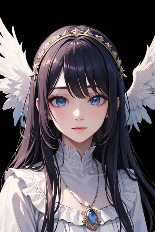 masterpiece_portrait, distinct, distinct_image, high_resolution, highres, high_quality_anime, high_quality, hyper_detail, finely_detailed, best quality, masterpiece, high resolution, 1 woman, white dress, black hair, blue eyes, hair accessories, necklace, bijouterie, beautiful face, beautiful body, Tyndall effect, realistic, edge lighting, two tone lighting, (high detail skin: 1.2), 8,000 UHD, DSLR, soft light, shining, high quality, volumetric lighting, candid, picture, high resolution, 4K, good quality, exciting atmosphere, Sacred, angel, white wings, wings, The smallest details, specific details, smiling