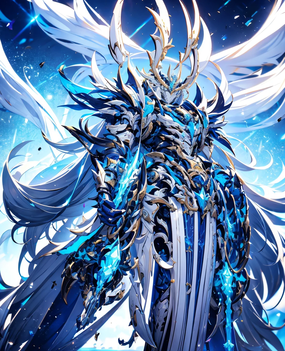 Futuristic tech style,Blue and white mech，All surrounded by particle dragons，With a spear，in a fighting stance，（《Romance of the Three Kingdoms》，《zhao yun》，Full body mecha,Fighting posture）, Keqing from Genshin Impact, (Masterpiece) ， The best quality， High quality，Gold armor，movie lighting， （Exquisite future）， Beautiful and beautiful， Ultra detailed， great composition， Floating， Depth of field， （Very detailed CG，Unity 8k wallpaper）， （Beautiful detail background）， dramatic lights， GOGETTA， Mecha，best qualtiy，ultra high resolution，Vivid Wait for it to begin