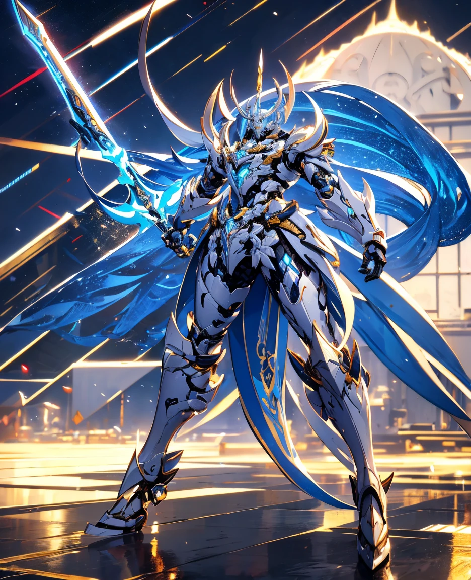 Futuristic tech style,Blue and white mech，All surrounded by particle dragons，With a spear，in a fighting stance，（《Romance of the Three Kingdoms》，《zhao yun》，Full body mecha,Fighting posture）, Keqing from Genshin Impact, (Masterpiece) ， The best quality， High quality，Gold armor，movie lighting， （Exquisite future）， Beautiful and beautiful， Ultra detailed， great composition， Floating， Depth of field， （Very detailed CG，Unity 8k wallpaper）， （Beautiful detail background）， dramatic lights， GOGETTA， Mecha，best qualtiy，ultra high resolution，Vivid Wait for it to begin