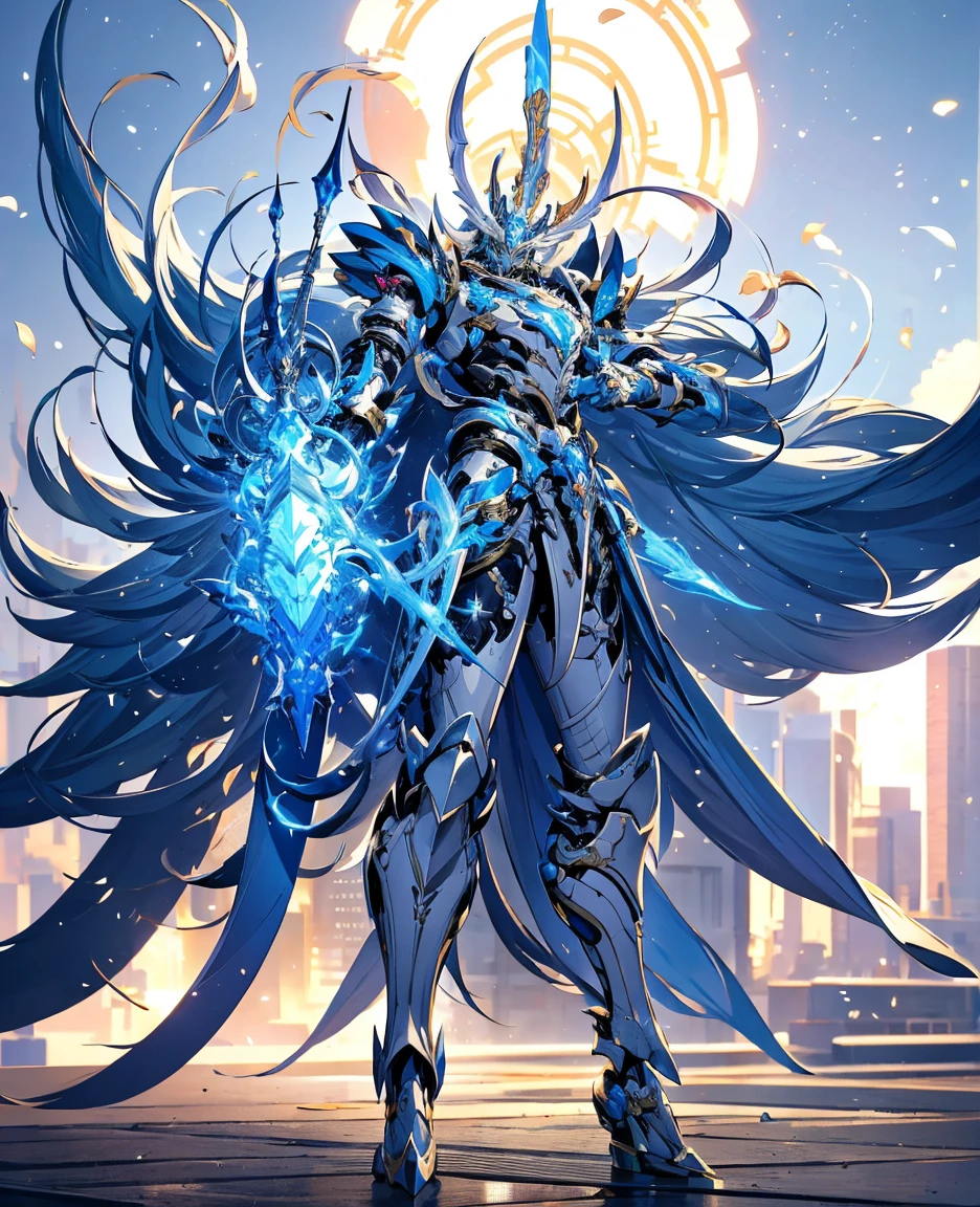 Futuristic tech style,Blue and white mech，All surrounded by particle dragons，With a spear，in a fighting stance，（《Romance of the Three Kingdoms》，《zhao yun》，Full body mecha,Fighting posture）, Keqing from Genshin Impact, (Masterpiece) ， The best quality， High quality，Gold armor，movie lighting， （Exquisite future）， Beautiful and beautiful， Ultra detailed， great composition， Floating， Depth of field， （Very detailed CG，Unity 8k wallpaper）， （Beautiful detail background）， dramatic lights， GOGETTA， Mecha，best qualtiy，ultra high resolution，Vivid Wait for it to begin