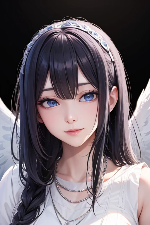 masterpiece_portrait, distinct, distinct_image, high_resolution, highres, high_quality_anime, high_quality, hyper_detail, finely_detailed, best quality, masterpiece, high resolution, 1 woman, white dress, black hair, blue eyes, hair accessories, necklace, bijouterie, beautiful face, beautiful body, Tyndall effect, realistic, edge lighting, two tone lighting, (high detail skin: 1.2), 8,000 UHD, DSLR, soft light, shining, high quality, volumetric lighting, candid, picture, high resolution, 4K, good quality, exciting atmosphere, Sacred, angel, white wings, wings, The smallest details, specific details, smiling