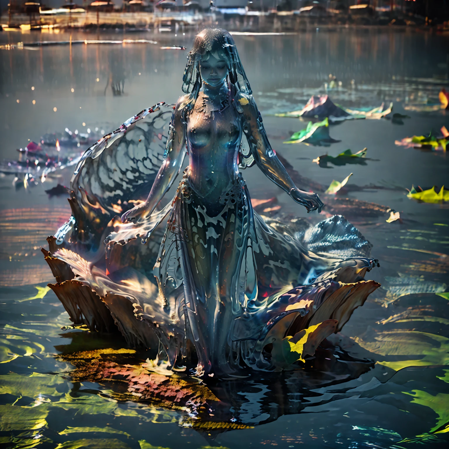 Máxima calidad de imagen, diosa parada en la superficie del agua, manos orando