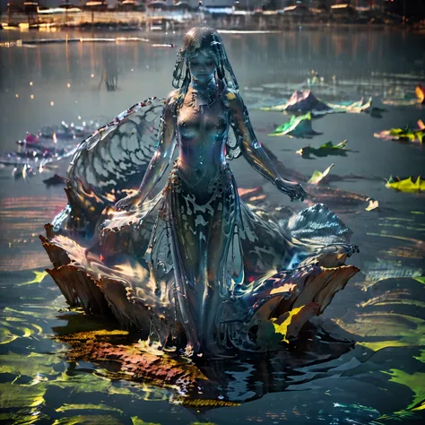 Highest image quality, goddess standing on the water surface, praying hands