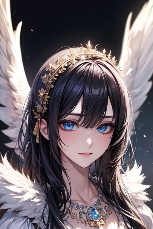 masterpiece_portrait, distinct, distinct_image, high_resolution, highres, high_quality_anime, high_quality, hyper_detail, finely_detailed, best quality, masterpiece, high resolution, 1 woman, white dress, black hair, blue eyes, hair accessories, necklace, bijouterie, beautiful face, beautiful body, Tyndall effect, realistic, edge lighting, two tone lighting, (high detail skin: 1.2), 8,000 UHD, DSLR, soft light, shining, high quality, volumetric lighting, candid, picture, high resolution, 4K, good quality, exciting atmosphere, Sacred, angel, white wings, wings, The smallest details, specific details, smiling