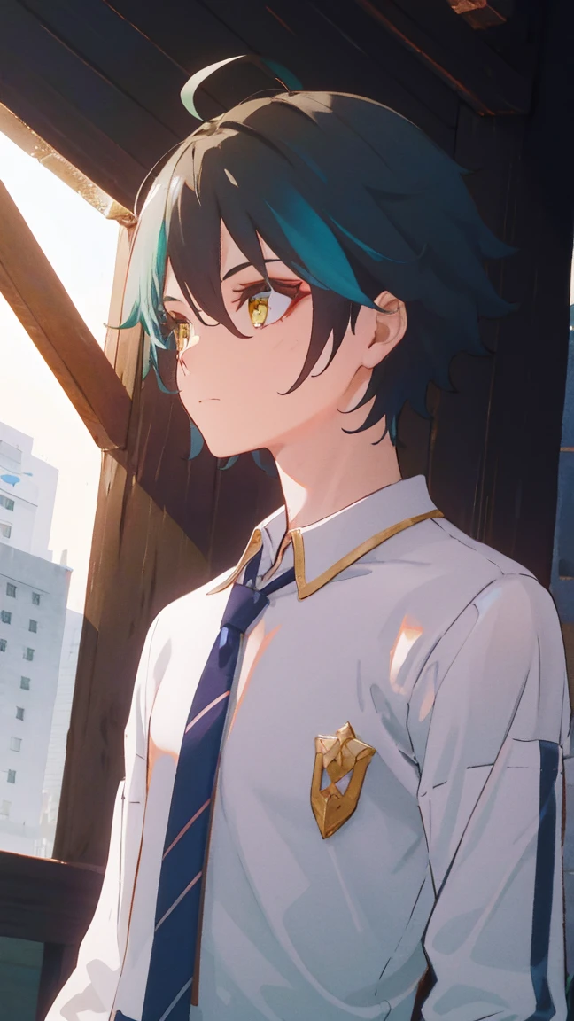 1 boy,dark green hair,highest quality,masterpiece,excessive,male focus,yellow eyes,beautiful eyes,beautiful boy,student,cutter shirt,cardigan,