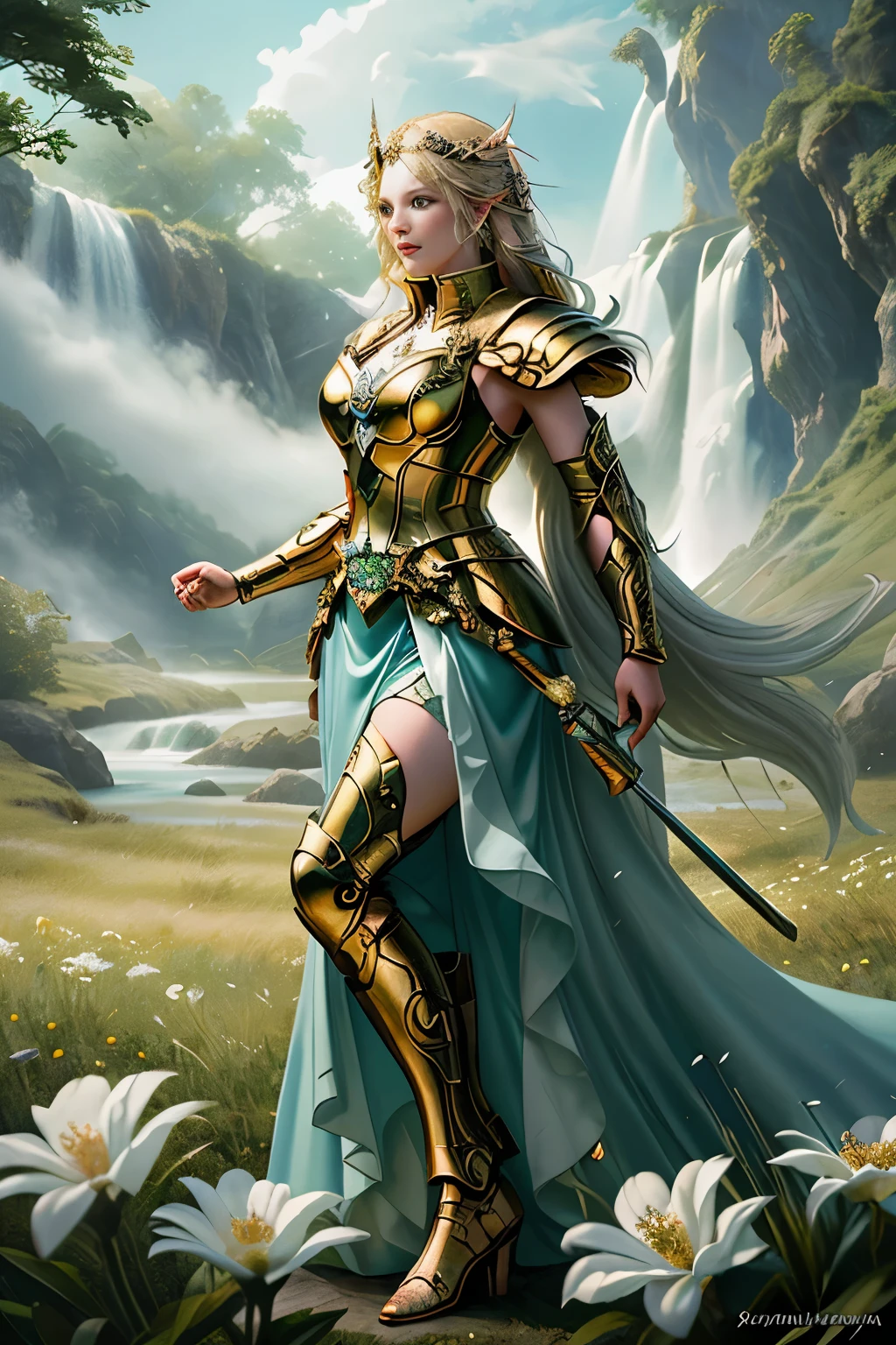 Crie uma imagem artística digital de Freyja, A Deusa Nórdica do Amor, Beleza, e fertilidade, em um estilo de foto cru altamente detalhado. Sua figura imponente deveria ser adornada com joias de ouro de design complexo., simbolizando sua riqueza e fascínio. Animais selvagens e plantas sagradas devem cercá-la graciosamente, enfatizando sua conexão com a natureza.

O fundo da imagem deve destacar seu papel como líder das Valquírias e padroeira dos guerreiros caídos.. Empregadas valquírias vestidas com armadura, voando em seus magníficos cavalos, pode ser visto no fundo, pronto para reivindicar seus guerreiros caídos. um exuberante, paisagem verde com flores desabrochando e cachoeiras animadas pode