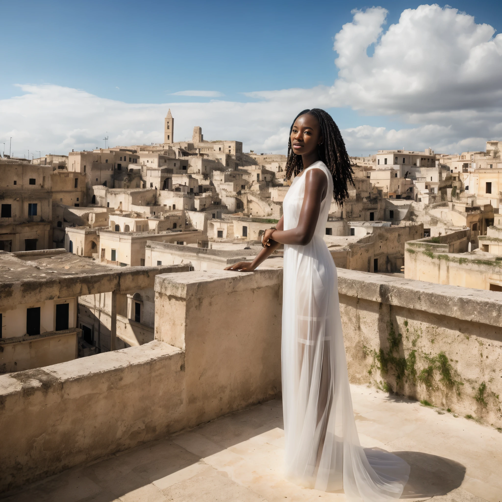 Femme araffe en robe blanche debout sur un balcon surplombant une ville SeaArt AI