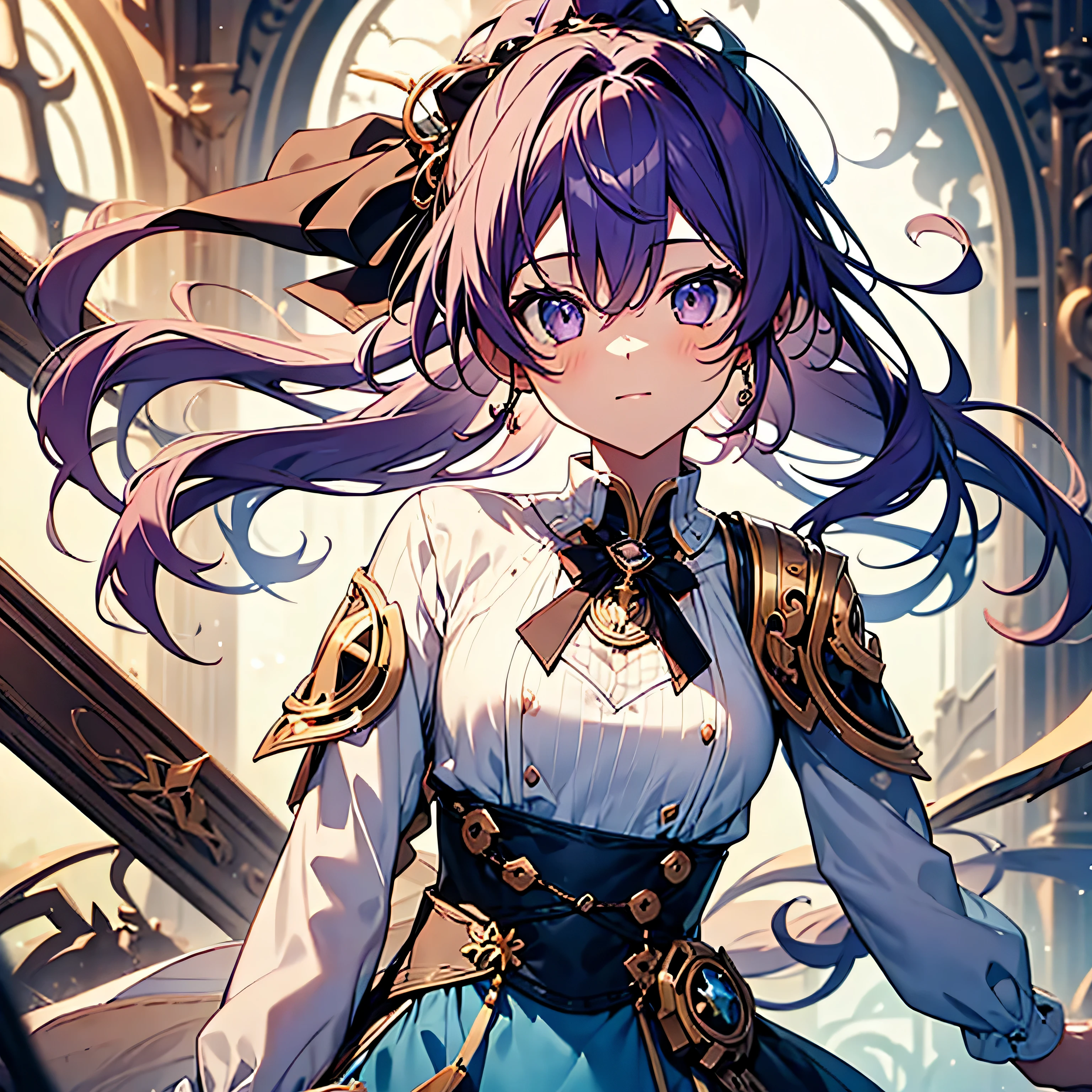 highest quality,(highest quality)),((table top)),((perfect face)),(background blur),A girl wearing a white and light blue dress,purple eyes,purple hair, full body, ponytail,Brave,small breasts,fantasy