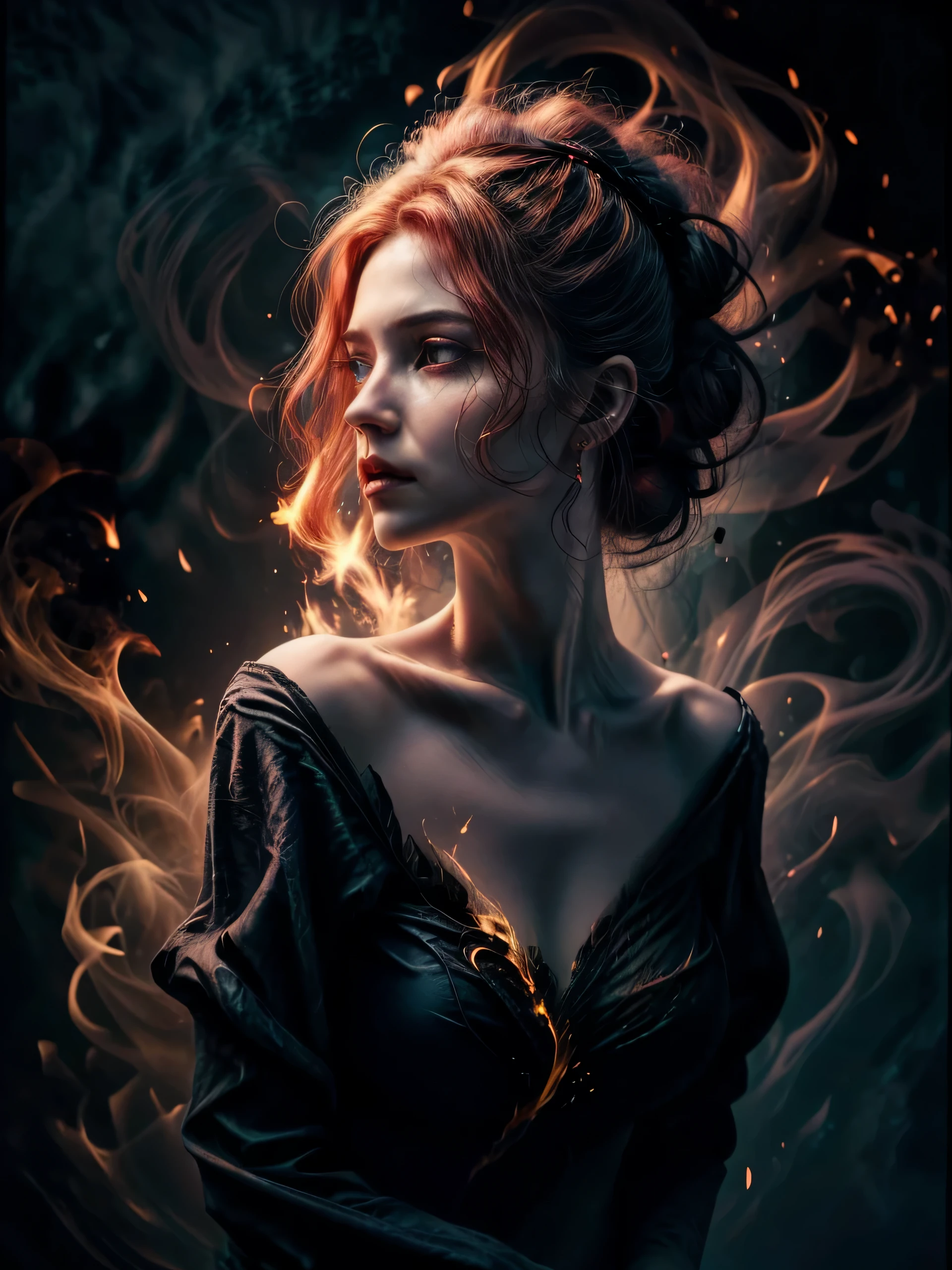 (Masterpiece, best quality, highres:1.3), from side, photorealistic, close-up, 1 goddess of flame, queen of demonic fire, from fantasy novel, feminine appearance, cleavage, detailed hair strands, delicate face, glowing red eyes, furious gaze, fully dressed in elegant gothic dress with fire effect, fire diadem, immense fire spell, blazing flame on hand, fire storm, flame spark, fire realm, ((surrealistic detail))
