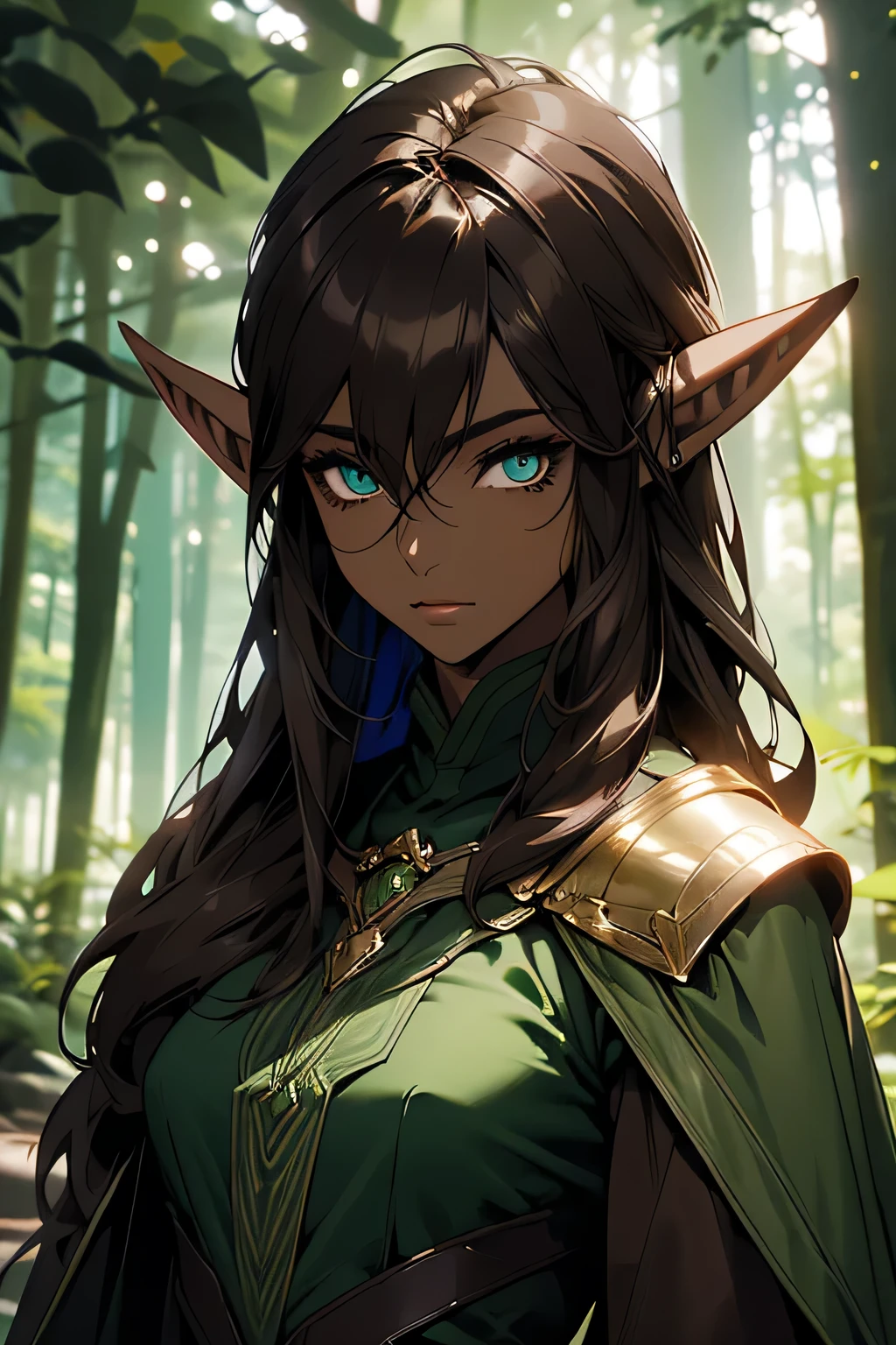 Shining green eyes、((((darkelf))))、Glows green、(((((brown skin)))))、(((dark、elf)))、Hunter&#39;s uniform 、(black hair )、Deep in the forest in the background、