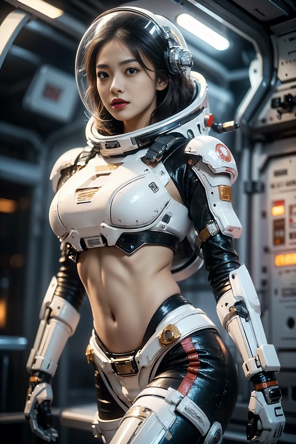 arafed woman wear bikini space suit standing in front of a space station,space girl. sexy bikini Space suit, bare belly, belly open, midriff,stomach,High detail skin, Realistic skin details, Visible pores, sharp focus, SLR camera, photorealism, Photography, ((8K, raw, masterpiece: 1.4)), (Professional photography, sharp:1.2), ((Portrait shoot)), Perfect dynamic composition, (natural sunlight), (soft shadow), (Perfect body:1.4), Ultra-detailed faces and skin, perfect asian, White skin, (Delicate skin:1.3), (perfect glowing skin:0.6), beautiful eyes, round eyes, pretty face, blush, glossy lips, high nose bridge, shiny eyes, Perfectly proportioned face, Really moist skin, exquisite expression, looking at camera, super high resolution (photorealistic: 1.4), space_helmet,space_firmament ,masterpiece,best quality,official art, extremely detailed CG unity 8k wallpaper,highly detailed,absurdres,8k resolution