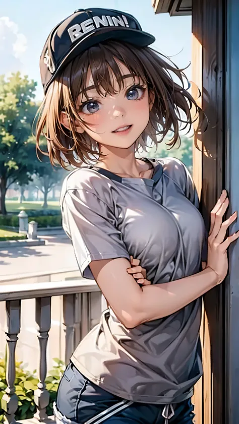 A breathtaking masterpiece、Captured in breathtaking 8K resolution、The portraits are exquisitely detailed and realistic.。The scene is bathed in HDR light.、Depicts a beautiful woman at a medium distance、((brown hair, short hair)), ((baseball cap, plain t-shi...