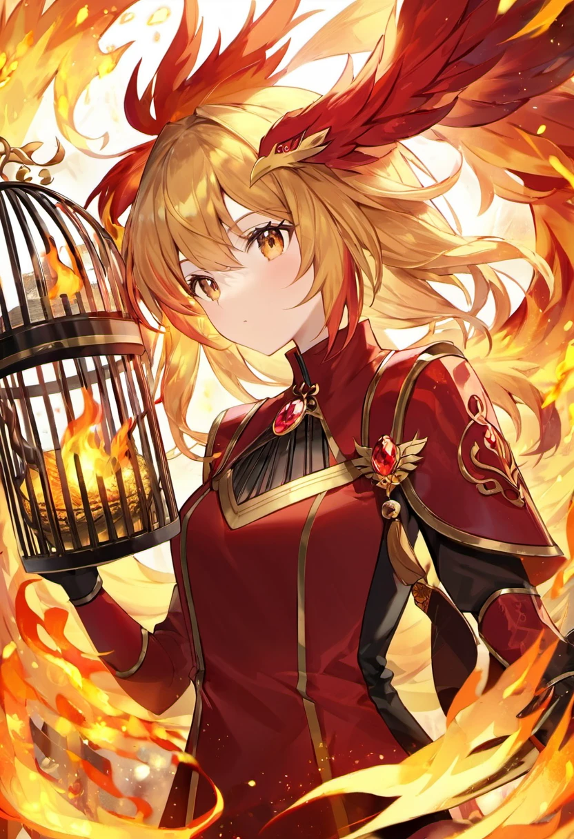 (upper body:1.3), 1girl,hoenix keeper, fireproof suit with a golden phoenix emblem, fire cage with obsidian bars, phoenix nest with shimmering golden feathers, talon gloves for handling the phoenix, fire ruby for feeding the phoenix,