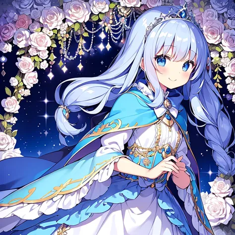 (kawaii),(masterpiece),(best quality),(ultra detailed), upper body, rococo style,(long train deep blue cape:1.1), very long cape...