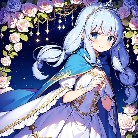 (kawaii),(masterpiece),(best quality),(ultra detailed), upper body, rococo style,(long train deep blue cape:1.1), very long cape...