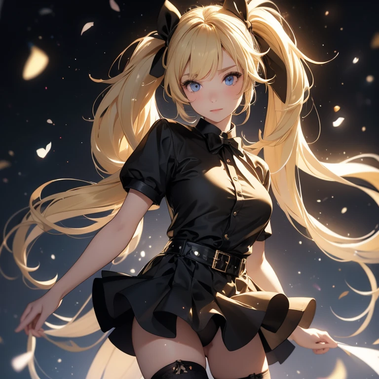 
A girl with two pigtails blonde hair with a black bow tie on her head a black t-shirt and transparent tights and a white skin color 