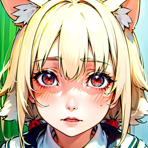 (masterpiece, best quality:1.2), facial expression,Red eyes，white hair，fox ears，Pitiful，blush，look down