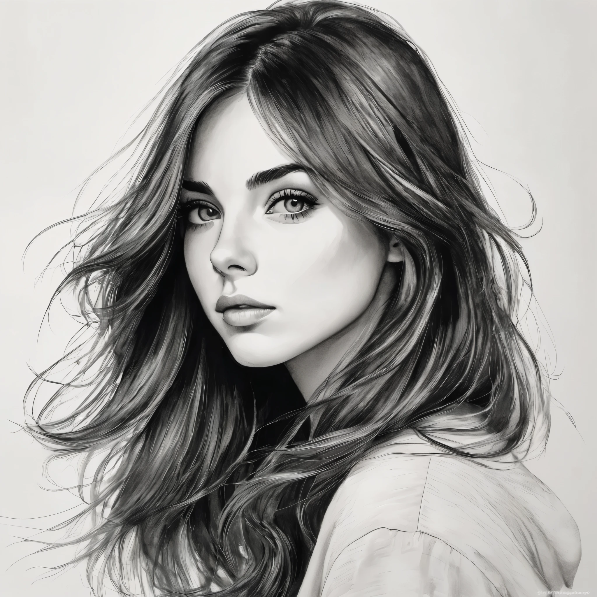 Disegno di una ragazza con capelli lunghi, occhi all'insù, bocca piccola, bellissimo stile di disegno, ritratto di una bella ragazza, schizzo di una ragazza, ritratto di una ragazza, ritratto di una bella ragazza, schizzo a penna semplificato in stile scarabocchio, minimalista, Meno tratti, opere pluripremiate, capolavori, 4k, stile artistico mibowater, bellissime illustrazioni di opere d'arte, bellissimi ritratti di ragazze, stile schizzo, ritratti di ragazze carine, bellissimi ritratti di volti, illustrazioni di ritratti epici, sfondo bianco