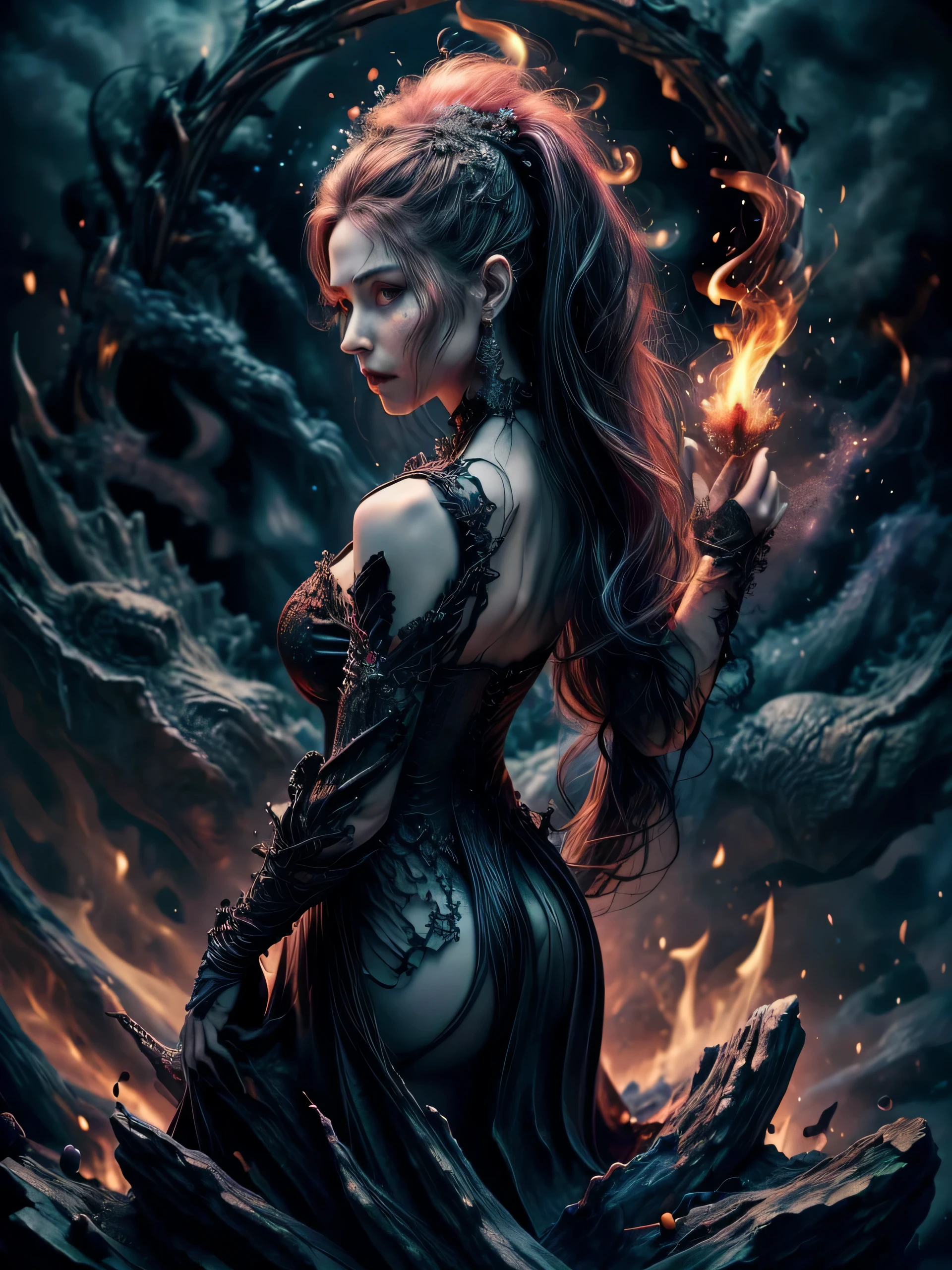 (Masterpiece, best quality, highres:1.3), from back, photorealistic, close-up, 1 goddess of flame, queen of demonic fire, from fantasy novel, feminine appearance, cleavage, detailed hair strands, delicate face, glowing red eyes, furious gaze, fully dressed in elegant gothic dress with fire effect, fire diadem, immense fire spell, fire storm, flame spark, fire realm, ((surrealistic detail))
