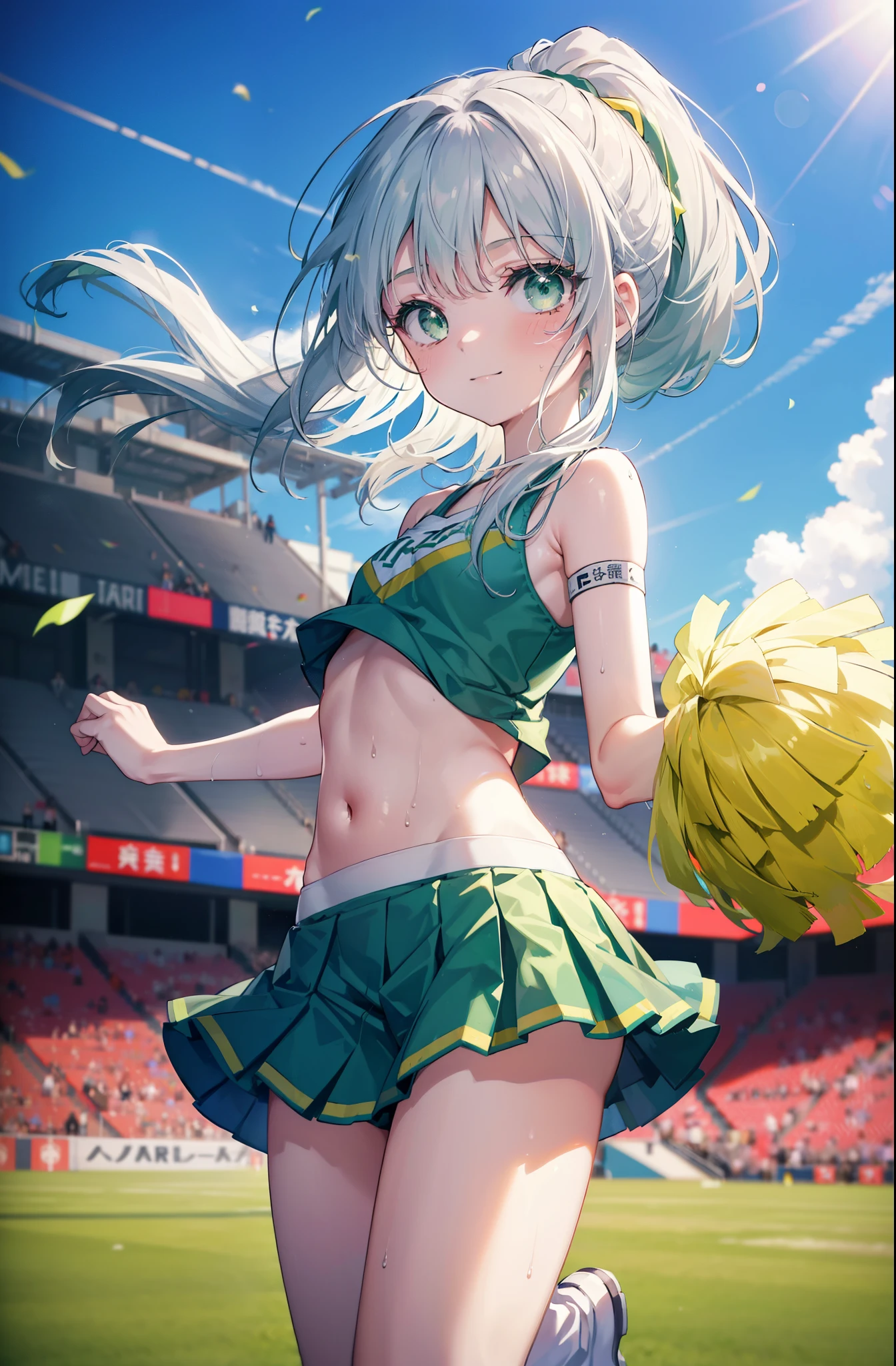 index, index, (green eyes:1.5), silver hair, long hair, green eyes,ponytail,(flat chest:1.2),(Cheerleader), (whole body), lower, (sweaty), sweaty Wet Clothes, (white clothes), , Belly button support, playground, (jump), (jump), 足を曲げてjumpする, air, blue sky, Grass原, smile,Cheerleader, pom pom \(Cheerleader\), Grass, smile, 
break looking at viewer, Upper body, whole body,
break indoors, stadium,
break (masterpiece:1.2), highest quality, High resolution, unity 8k wallpaper, (shape:0.8), (fine and beautiful eyes:1.6), highly detailed face, perfect lighting, Very detailed CG, (perfect hands, perfect anatomy),