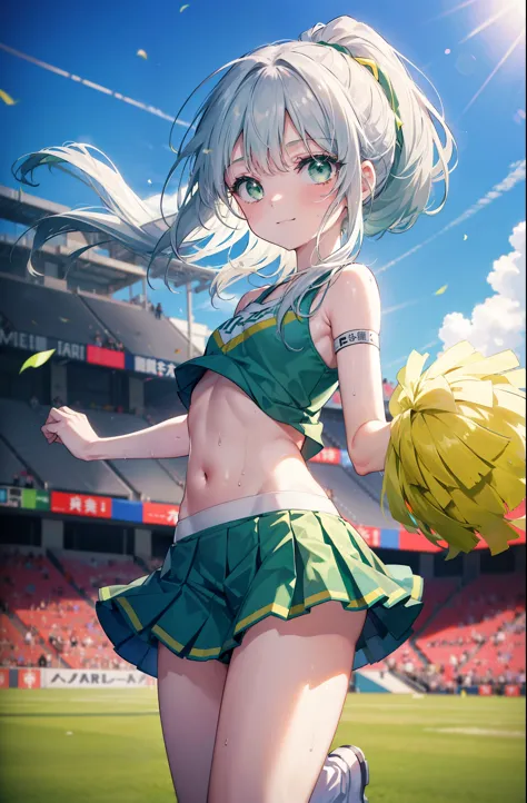 index, index, (green eyes:1.5), silver hair, long hair, green eyes,ponytail,(flat chest:1.2),(Cheerleader), (whole body), lower,...