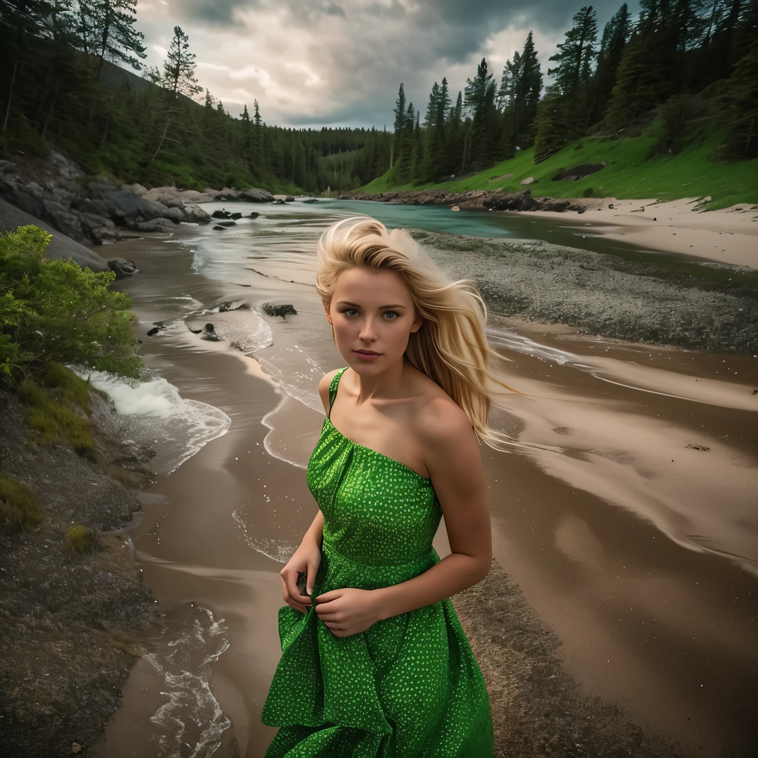 Best Quality Masterpiece Award Winning Photo Upper Body Woman Freckled Face Blonde Hair Windblown Blonde Emerald Eyes Strapless Dress Modern by Jeremy Lipking by Antonio J. Manzanedo by lee jeffries Nikon D850 film stock photo 4 camera kodak portra 400 lens f1.6 Rich Colors Realistic Textures Ultra-realistic Dramatic Lighting Unrealistic Mechanisms Art Station Cinestill 800 Trends,  fisheye lens, quilt style, Windy beach, Scottish lake, forest