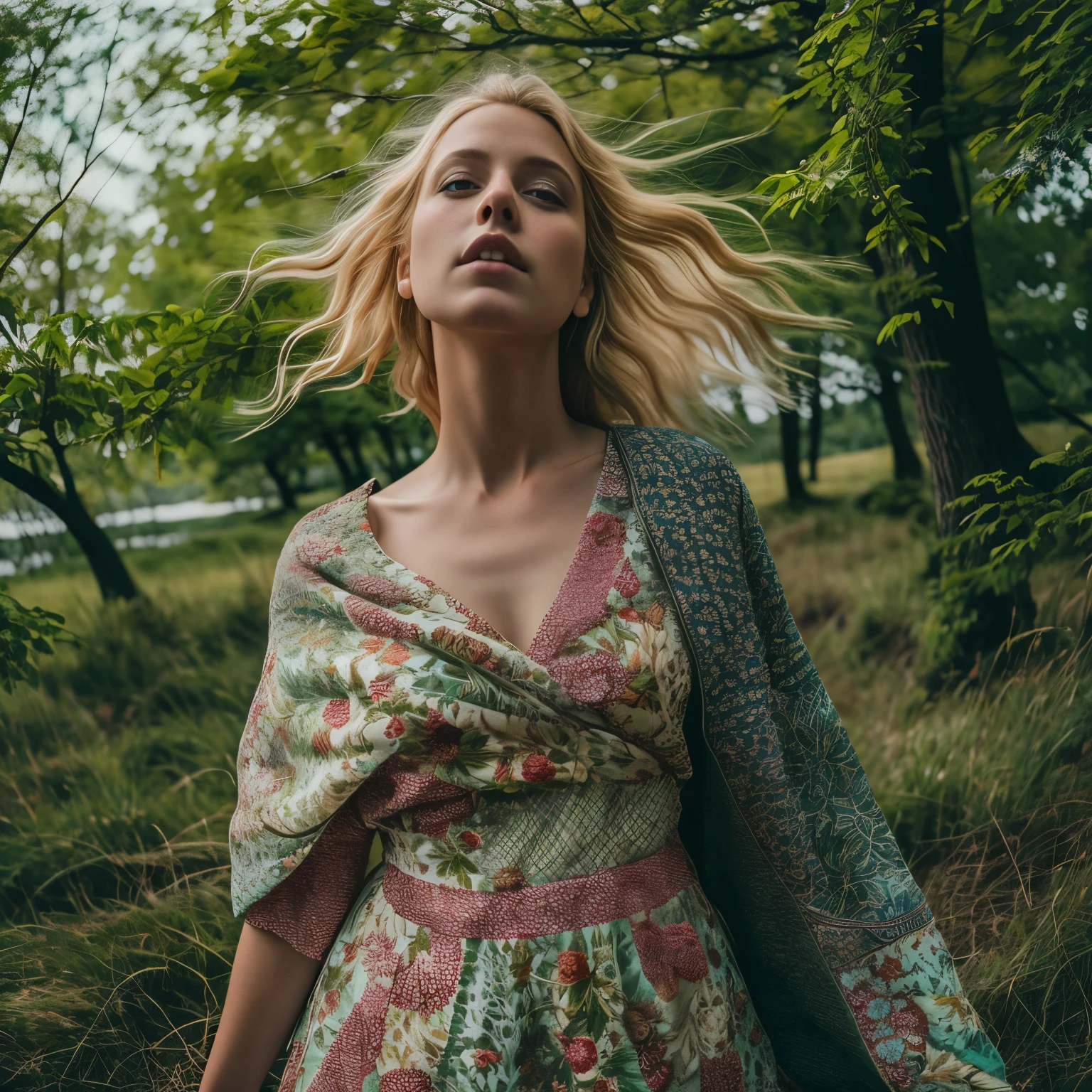 Preisgekröntes Foto in bester Qualität, Oberkörper einer Frau, sommersprossiges Gesicht, blondes Haar, vom Wind zerzauste Blondine, smaragdgrüne Augen, trägerloses Kleid, modern von Jeremy Lipking von Antonio J. Manzanedo von Lee Jeffries Nikon D850 Film Stock Foto 4 Kamera Kodak Portra 400 Objektiv f1.6 Satte Farben Realistische Texturen Ultrarealistisch Dramatische Beleuchtung Unrealistische Mechanismen Art Station Cinestill 800 Trends,  Fischaugenlinse, Quilt-Stil, Windiger Strand, Schottischer See, Wald