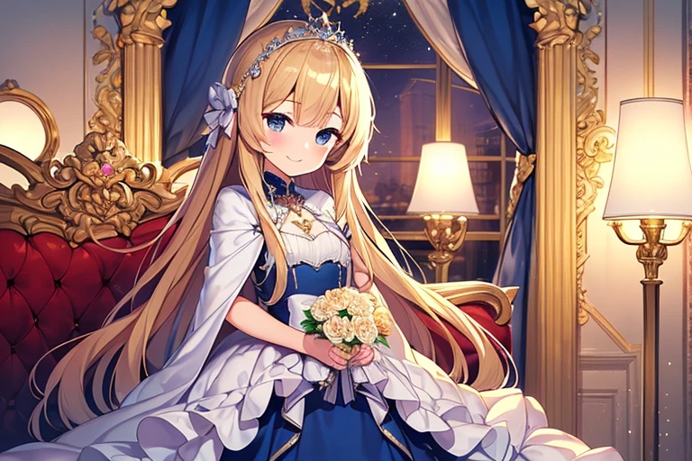 (kawaii),(masterpiece),(best quality),(ultra detailed), upper body, rococo style,(long train deep blue cape:1.1), very long cape,(long train white ball gown with flower decorations:1.05), a girl is wearing a cape over her gown, 1 little princess, tiara, smile, very long hair
