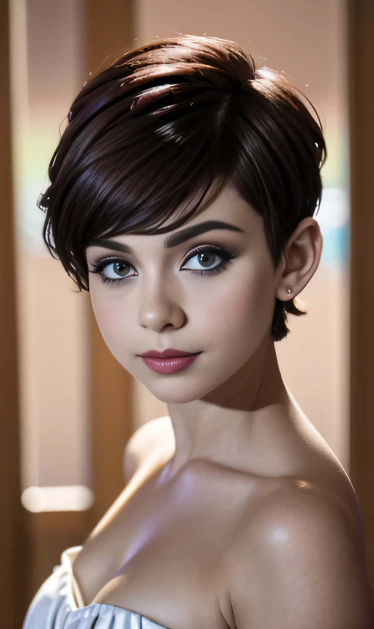 Photo of a 17-year-old European girl., .RAW, beautiful teen model,freckles on cheeks and chest ,beautiful blue eyes(Light brown hair pixie haircut),messy pixie haircut ((portrait)), ((detailed face:1.2)), ((detailed facial features)), (finely detailed skin)  ,lindo make-up, purple eye shadows on the eyelids. ,a sexy(color fresco), (Mesa) (perfect proportions realistic)(The best quality), NFFSW, (8k) (wallpaper) (cinematic lighting) (dramatic lighting) (sharp focus) (Convoluted) , varied background , Nice smile, Full body photo , posing for photo , black choker , clip on earrings , make-up , Red lips , purple eye shadow , wears elegant purple dress , happy girl