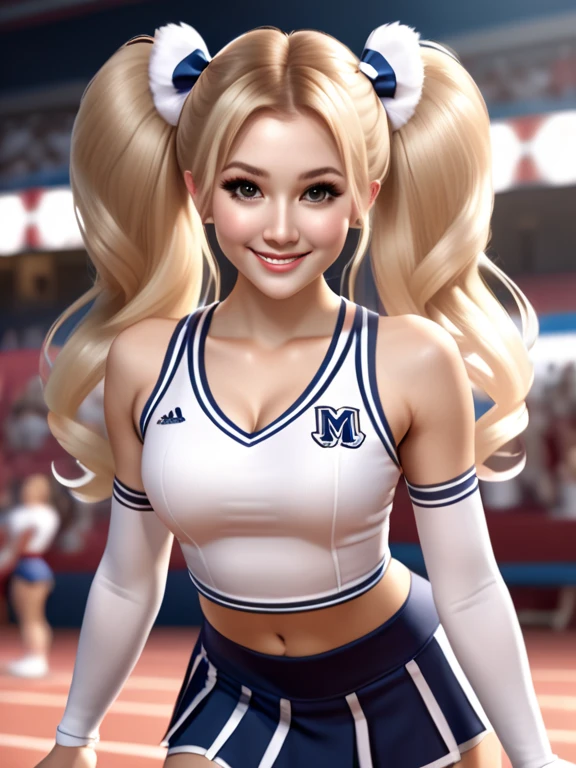 cinematic film still woman, realistic, solo, ((mega twintails)), very long hair, blonde, cheerleader, ((short skirt 0.6)), white panties, white shoes, no-show socks, big smile, ((big hair)), cheer pose, full body, shallow depth of field, highly detailed, high budget, cinemascope, epic, gorgeous