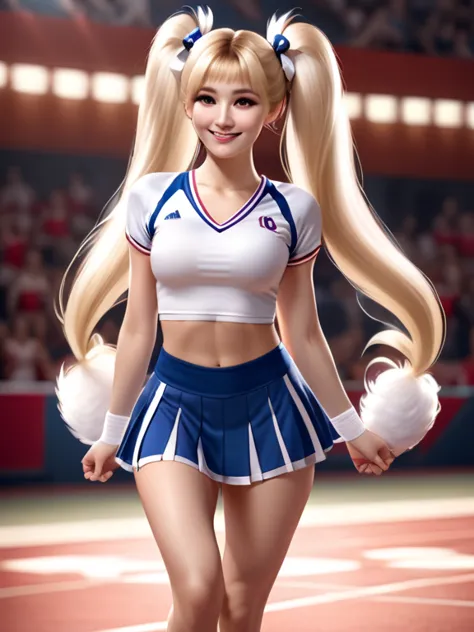 cinematic film still woman, realistic, solo, ((mega twintails)), very long hair, blonde, cheerleader, ((short skirt 0.6)), white...