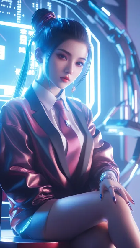 anime girl in a suit and tie sitting on a chair, digital cyberpunk anime art, cyberpunk anime girl, cyberpunk 2 0 y. o model gir...