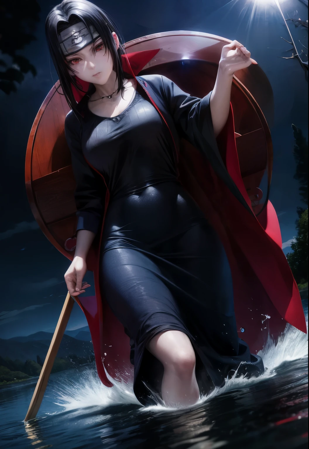 Uciha Itachi, (in a lake), masterpiece, best quality, ultra quality, absurd details, best light, best shadow, sharp, sharp picture, detailed face, detailed eyes, detailed hair, detailed, extremely detailed, great resolution, 8k, 4k, uhd, ray tracing, beautiful effects, image of (full body)