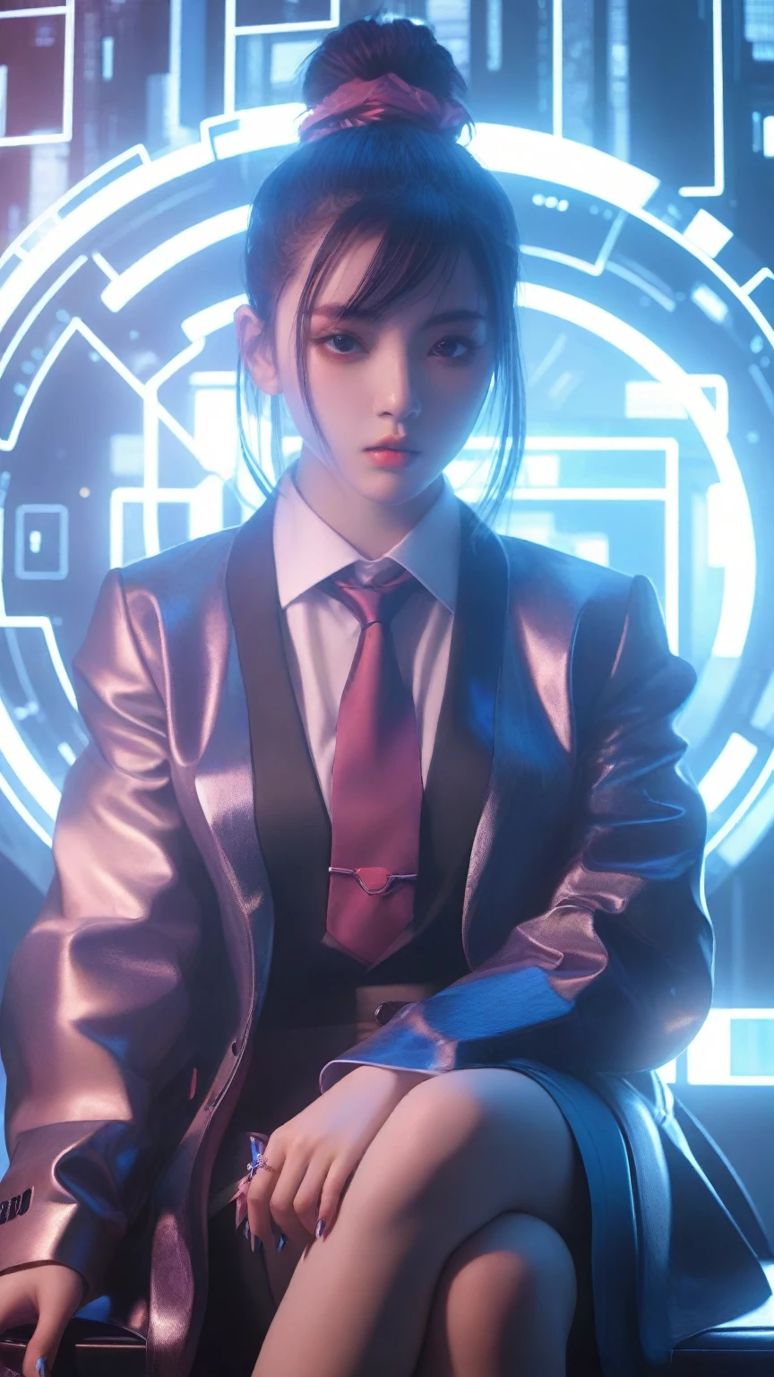 anime girl in a suit and tie sitting on a chair, digital cyberpunk anime art, cyberpunk anime girl, cyberpunk 2 0 y. o model girl, the cyberpunk girl portrait, female cyberpunk anime girl, cyberpunk anime art, digital cyberpunk - anime art, cyberpunk art style, in cyberpunk style, cyberpunk beautiful girl, cyberpunk digital art, anime cyberpunk art, cyberpunk girl