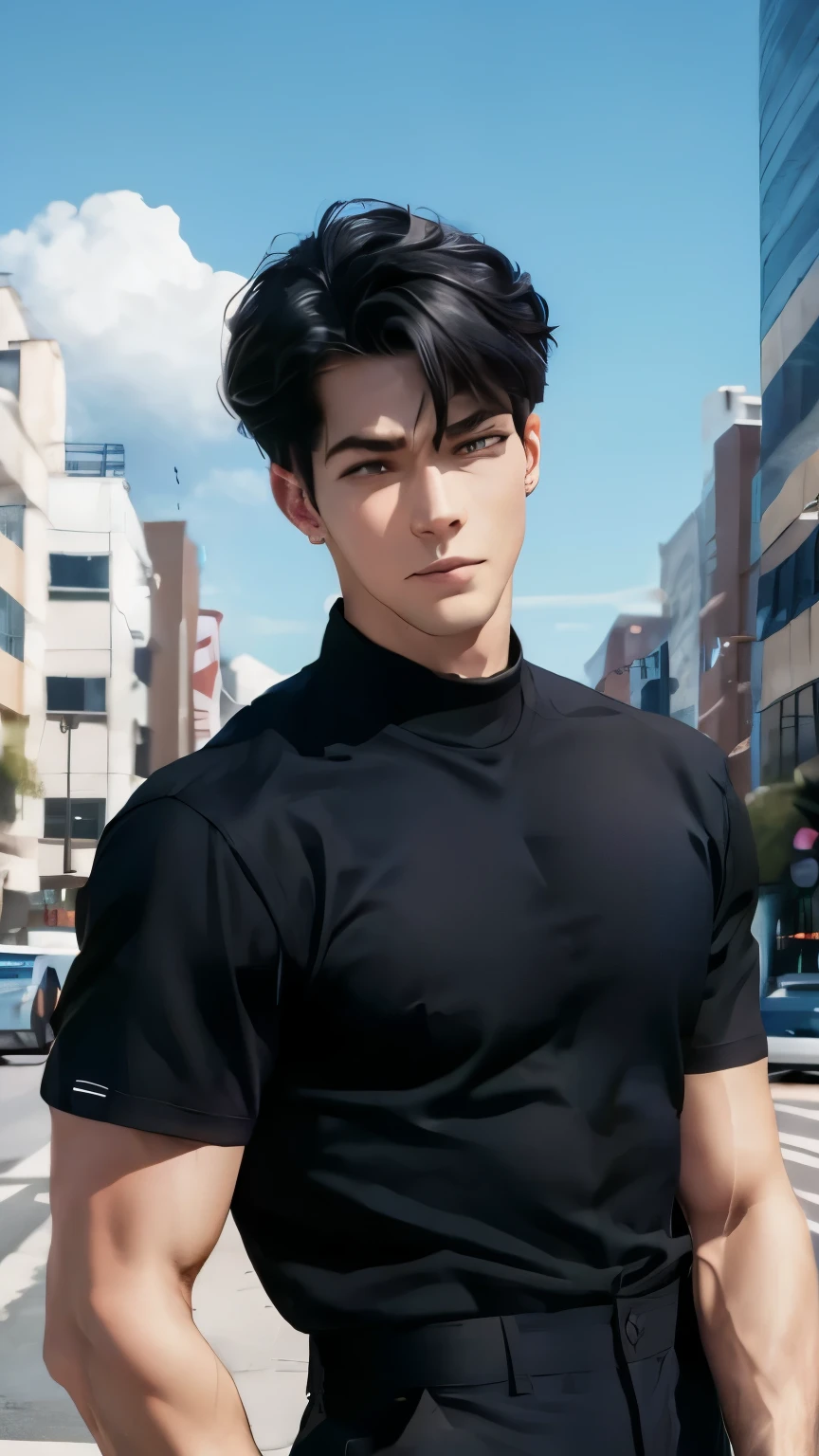 1man, black t-shirt, handsome, undercut hair, masterpiece, HD