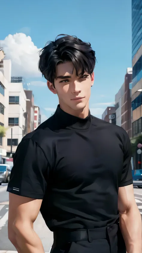 1man, black t-shirt, handsome, undercut hair, masterpiece, HD