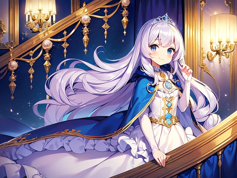 (kawaii),(masterpiece),(best quality),(ultra detailed), upper body, rococo style,(long train deep blue cape:1.1), very long cape,(long train white ball gown with flower decorations:1.05), a girl is wearing a cape over her gown, 1 little princess, tiara, smile, very long hair