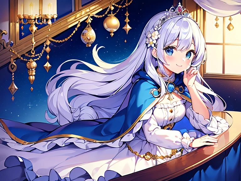 (kawaii),(masterpiece),(best quality),(ultra detailed), upper body, rococo style,(long train deep blue cape:1.1), very long cape,(long train white ball gown with flower decorations:1.05), a girl is wearing a cape over her gown, 1 little princess, tiara, smile, very long hair