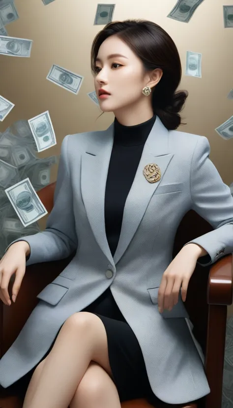 woman sitting on a chair with a lot of money on the wall, girl in suit, girl in a suit, business woman, woman in business suit, ...