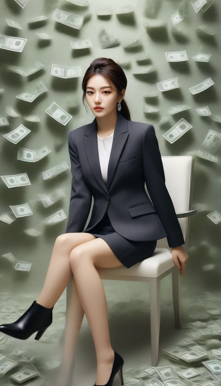 woman sitting on a chair with a lot of money on the wall, girl in suit, girl in a suit, business woman, woman in business suit, wearing a strict business suit, a hyperrealistic , wearing business suit, irelia, jaeyeon nam, hyperrealistic , sakimichan, seseon yoon, in strict suit