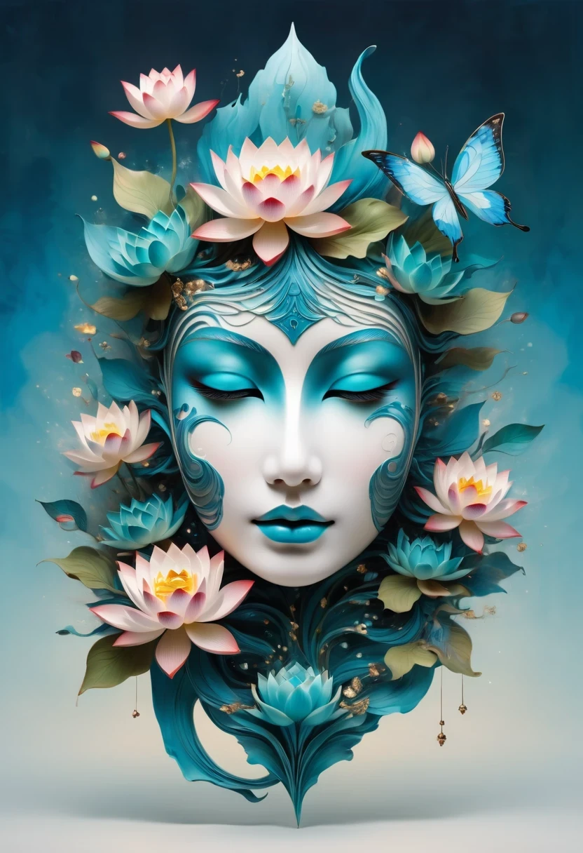 Imagine a tranquil scene inspired by Buddhist philosophy，A vibrant lotus flower stands against a background of intense turquoise tones。The lotus symbolizes purity and enlightenment，Complex petals bloom，exudes a sense of tranquility。As you gaze deeper into the image，You will notice an arrangement similar to a mandala，The constellations are arranged elegantly。A fusion of Buddhist symbolism with astrological elements，consistency，Induce contemplation and a timeless sense of connection。(The sculpture is surrealist and realist: 1.5), (Kaneko，Blue and white porcelain mask)， (metal wings: 1.2), (Fox futuristic mask: 1.2), (Internet pop kawaii fractal art: 1.6), (Tobias Gramler (Tobias Gramler) Art style，smooth shapes: 1.6), (Organic geometric mixture: 1.6),ultra high resolution: 1.4),(particle effect: 1.4), (depth of field: 1.4), (geometric-dotist abstraction: 1.6), (generative fluid fractal algorithm: 1.6).