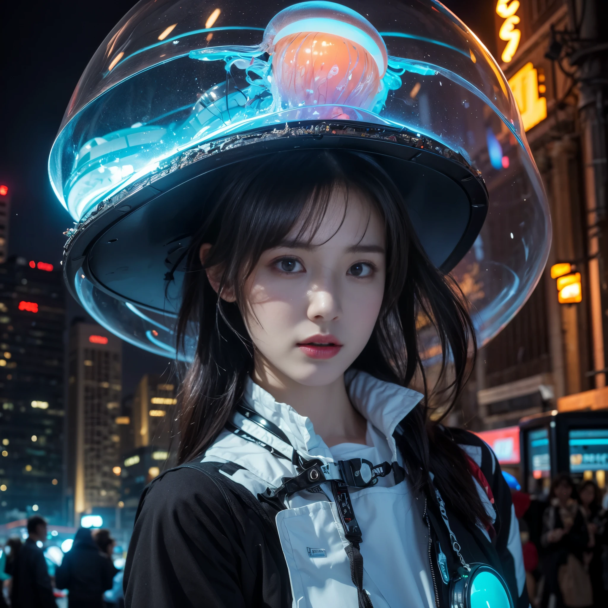 (highest quality、4k、8k、High resolution、master piece: 1.2)、Super detailed、(real、photorealistic、photorealistic: 1.37)、Destruction of a Great City、(A telekinetic woman stands in front of a giant jellyfish robot controlled by an invader.:1.37) 、(Women are young and beautiful、18-year-old、unparalleled beauty:1.5)、Insert mental barriers to resist robot attacks、vibrant cityscape、Bright colors、Shining skyscrapers、busy street、Futuristic architecture and technology、Advanced holographic display、Neon light splashes 、dramatic lighting、intense shadow、Awe-inspiring power that exudes from women、Determination in His Eyes、An elegant flowing gown、Dynamic action in the wind、Reach out and rush towards the robot.、A powerful energy emanates from the hands、Blue glowing aura、sparks of electricity、electricity crackling in the air、A vortex of energy surrounding a woman、A fascinating and surreal atmosphere、A sense of danger and impending destruction、Background chaos and destruction、Crumbling buildings、flying debris、Smoke and flames、 The contrast between beauty and destruction、The war between technology and the extraordinary power of young women,A jellyfish robot is destroyed by a telekinetic woman and falls apart
