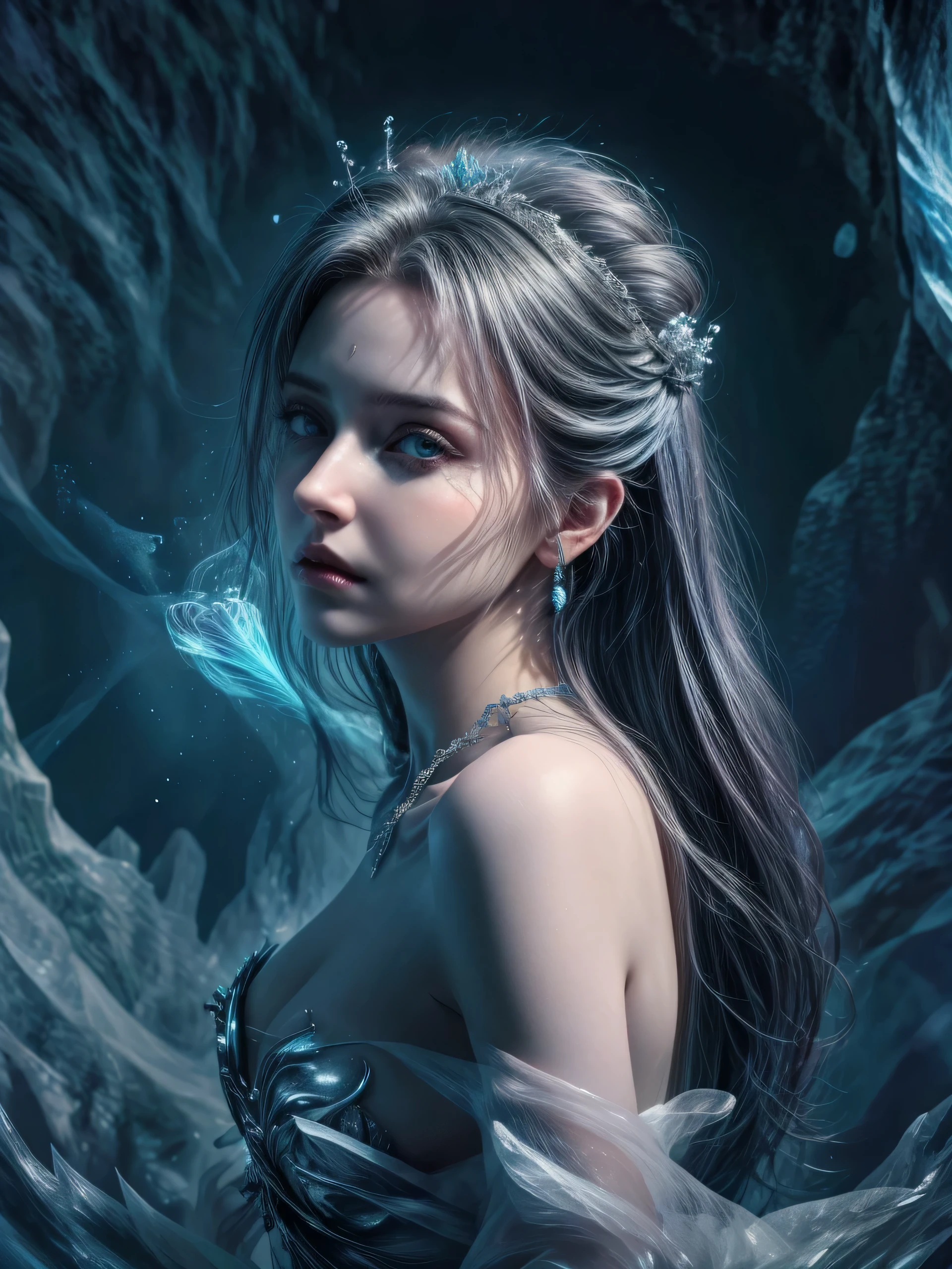 (Masterpiece, best quality, highres:1.3), 3D model, render at best quality, ((from side)), close-up, upper body, 1 goddess, queen of coldest ice, from epic fantasy game, feminine appearance, cleavage, detailed hair strands, delicate face, glowing blue eyes, cold gaze, fully dressed in noble sheer dress with ice effect, ice tiara, casting spell posture, immense blizzard storm, snow storm, ice spell, ice shard, frozen realm.