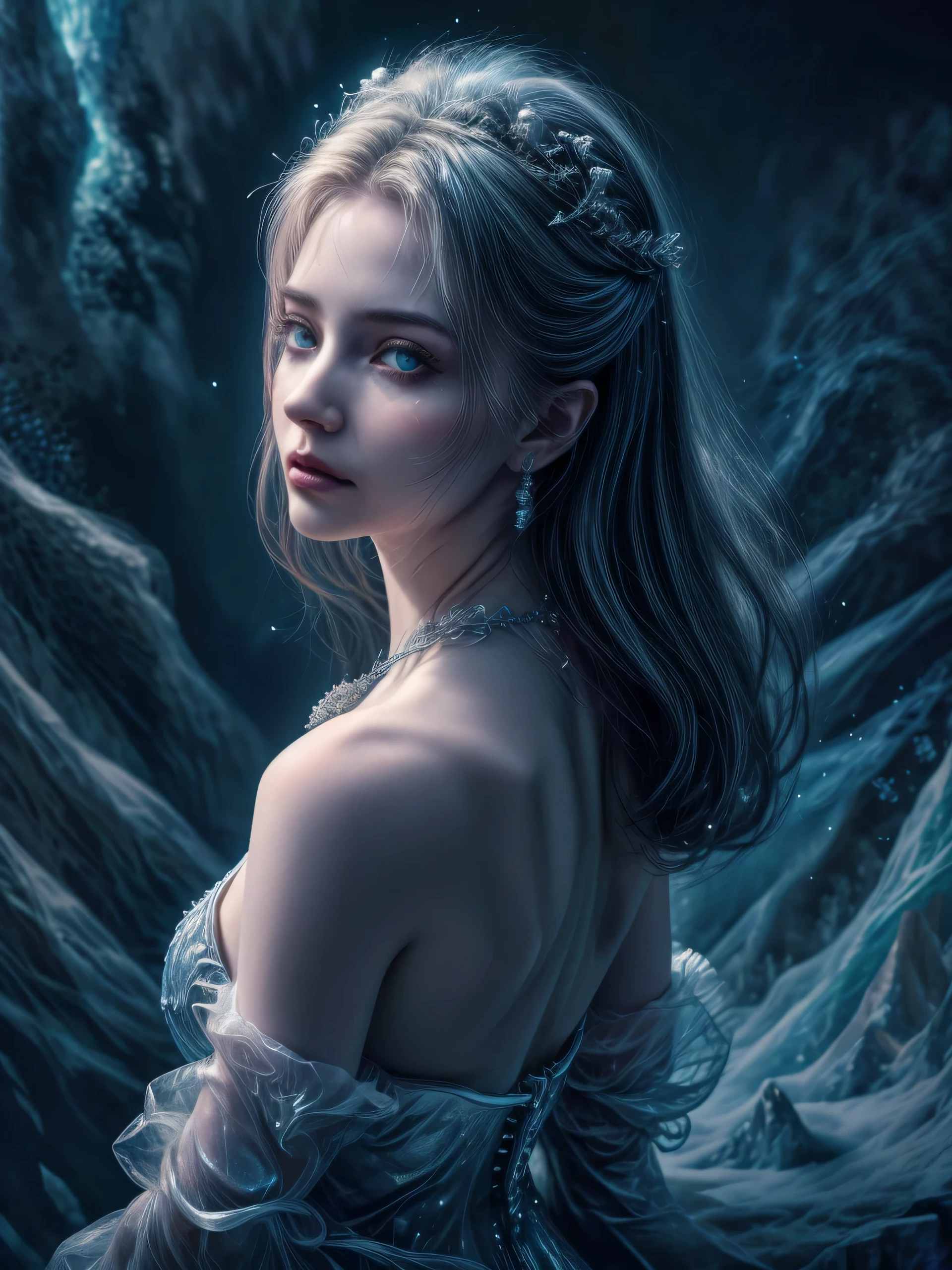 (Masterpiece, best quality, highres:1.3), 3D model, render at best quality, ((from back)), close-up, upper body, 1 goddess, queen of coldest ice, from epic fantasy game, feminine appearance, cleavage, detailed hair strands, delicate face, glowing blue eyes, cold gaze, fully dressed in noble sheer dress with ice effect, ice tiara, casting spell posture, immense blizzard storm, snow storm, ice spell, ice shard, frozen realm.