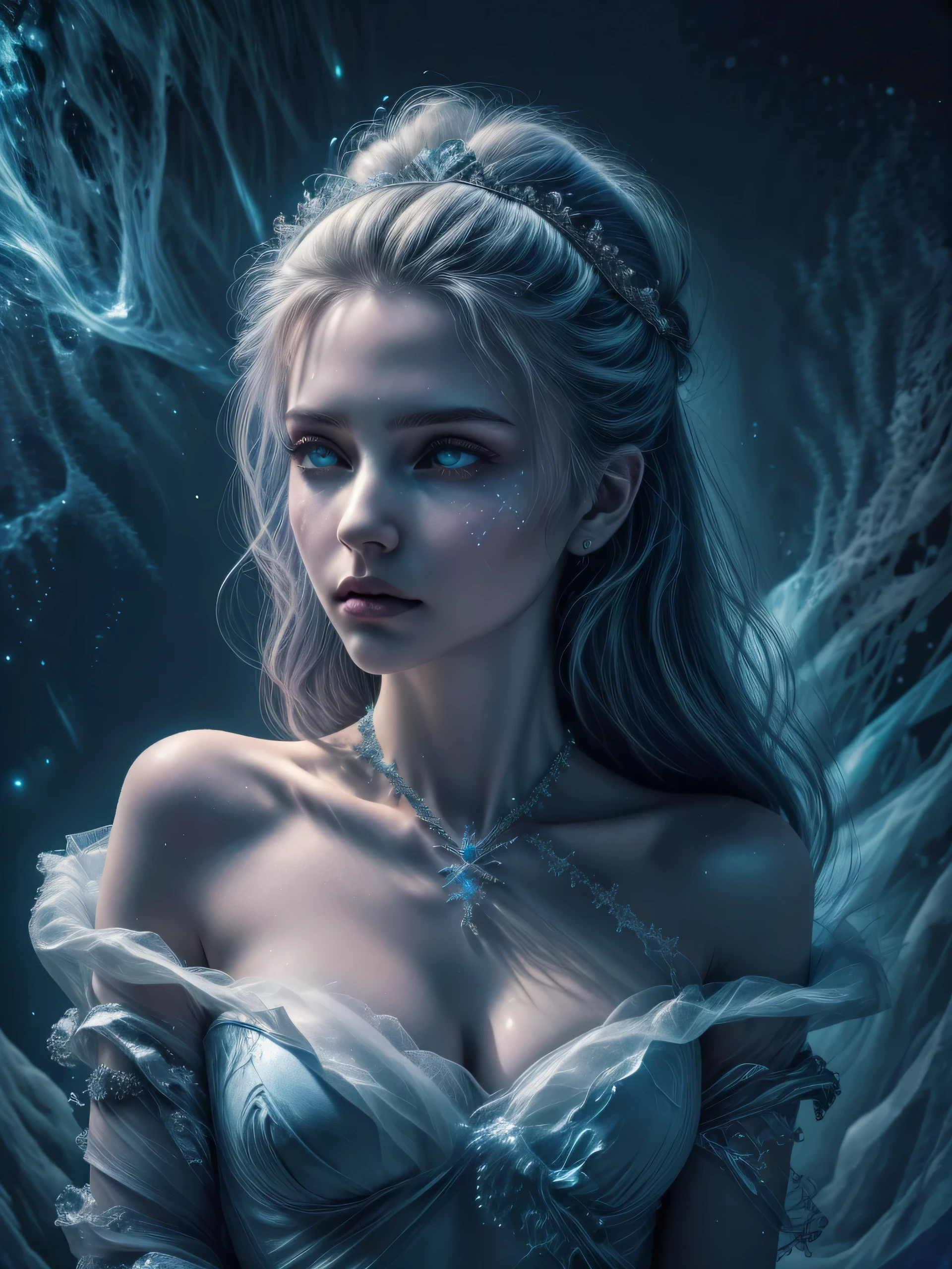 (Masterpiece, best quality, highres:1.3), 3D model, render at best quality, from side, close-up, upper body, 1 goddess, queen of coldest ice, from epic fantasy game, feminine appearance, cleavage, detailed hair strands, delicate face, glowing blue eyes, cold gaze, fully dressed in noble sheer dress with ice effect, ice tiara, casting spell posture, immense blizzard storm, snow storm, ice spell, ice shard, frozen realm, ((surrealistic detail))