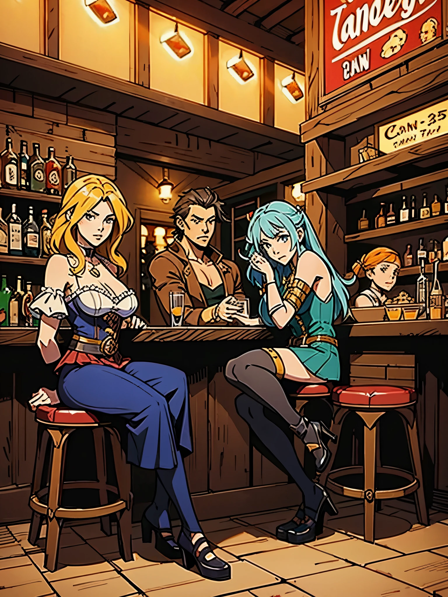 anime characters sitting em um bar with drinks and a woman, fundo da taverna, 2. 5 d cgi arte de fantasia de anime, anime em estilo fantasia, fantasy fundo da taverna, uma taberna aconchegante multidimensional, em um bar, bebendo no bar, ilustração de fantasia de anime, arte de fantasia de anime, No bar, na taverna de fantasia perto da lareira, estilo de vida noturno em tabernas
