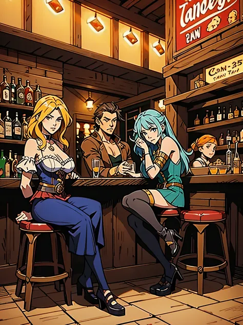anime characters sitting at a bar with drinks and a woman, tavern background, 2. 5 d cgi anime fantasy artwork, anime in fantasy...