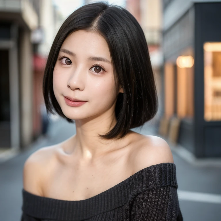 (kawaii 24 year-old Japanese girl, Nogizaka idol, Korean idol), (glossy black hair, pixie cut:1.3), (rounded face, single eyelid, no makeup, soft smiling:1.2), forehead, (wearing off-shoulder knitted onepiece sweater:1.3), (well shaped extra small breasts), (looking at viewer:1.2), BREAK, (at night street in downtown background:1.3), (dynamic angle, face focus:1.3), BREAK, (masterpiece, best quality, photo realistic, official art:1.4), (UHD, 8K quality wallpaper, high resolution, raw photo, film grain:1.2), (shiny skin), professional lighting, physically based rendering, award winning, (perfect anatomy, highly detailed skin textures, extremely detailed face and eyes, well drawn glittering pupils), Carl Zeiss 85 mm F/1.4, depth of field, 1girl, solo,