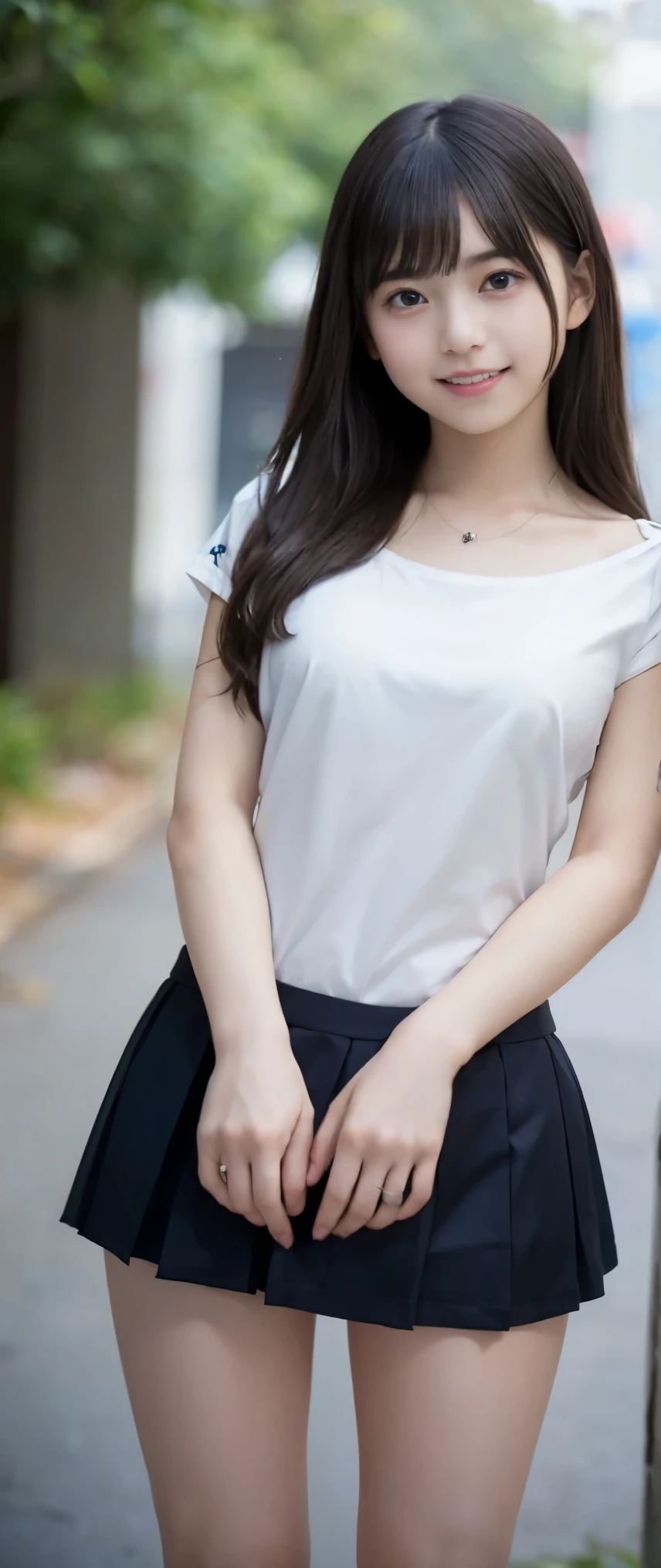 A woman in a white shirt and black skirt posing for a picture - SeaArt AI