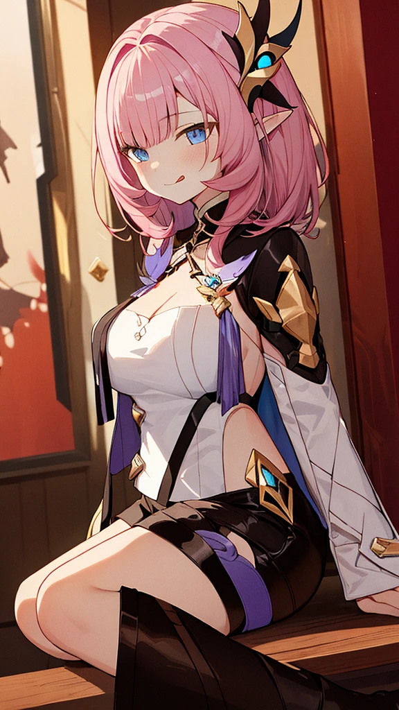 (realistic painting style:1.0), masterpiece, 最high quality,  confused, ((full body)),Elysia (miss pink goblin) (Honkai Impact), slit pupil, Elysia (Honkai Impact), goblin, pointy ears, 1 girl, chest, cleavage, alone, pink hair, tongue, tongue out, large chest, looking at the viewer, shorts, hair ornaments, black shorts, blue eyes, bangs, long hair,  black knee high boots, smile, short shorts, closed mouth, long sleeve, sitting, pink eyes, ((highly detailed background)), (((cowboy shot,dynamic angle)))，1 girl,,(shiny skin:1.3),(Beautiful and dense skin),(thin hair), masterpiece, high quality, High resolution, confused,(beautiful and aesthetic:1.2), beautiful hands, (4k), 8K, perfect balance,(Highly detailed CG Unity 8K wallpaper), perfect hands, embarrassing, blush, light_vestige,intricate details,Depth of written boundary, extremely delicate and 美しい,professional photography, Bokeh, High resolution, sharp details, 最high quality, thick thighs,beautiful eyes, beautiful background, outdoor，